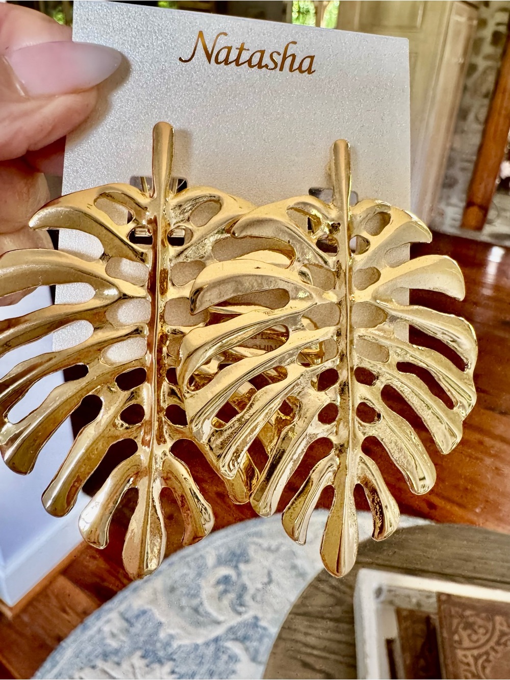 Natasha Couture Gold Monstera Leaf Statement Earrings - Picture 3 of 4